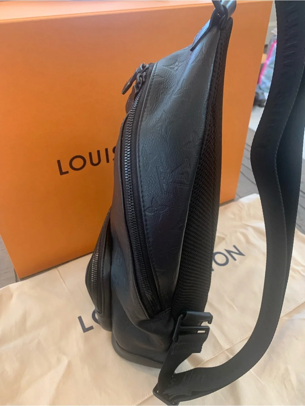 LIKE NEWLouis Vuitton Men’s Racer Sling Back in Black Monogram Embossed Leather